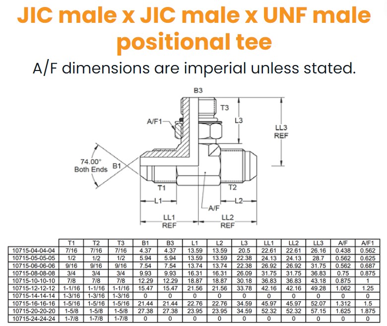 7/16 JIC x 7/16 JIC x 7/16 UNF M/M/M Positional Tee On Branch Hydraulic Adaptor